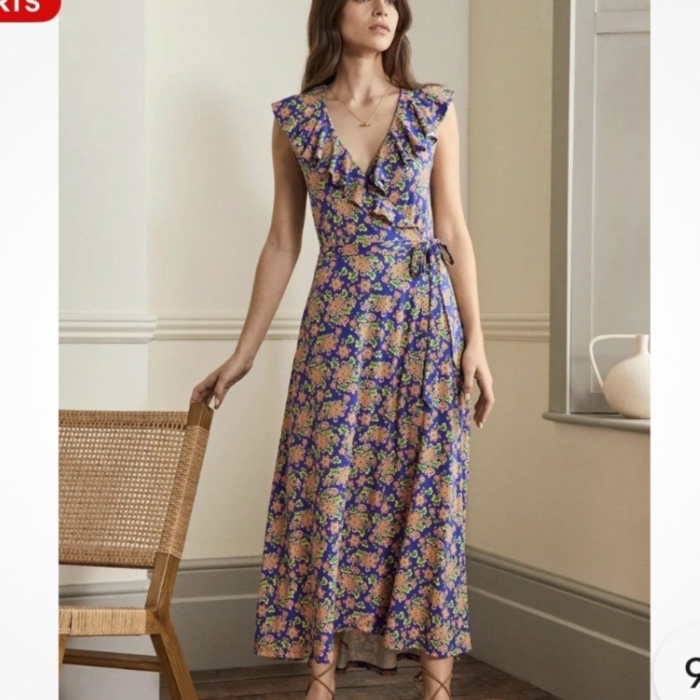 Boden Saskia Wrap Midi Dress‎ Womens 2 Blue Medallion Floral Midi Ruffle Jersey